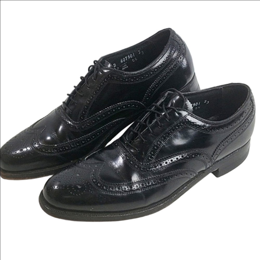 Vintage Florsheim Imperial Longwing Brogue Black Leather Wingtip Dress Shoe
